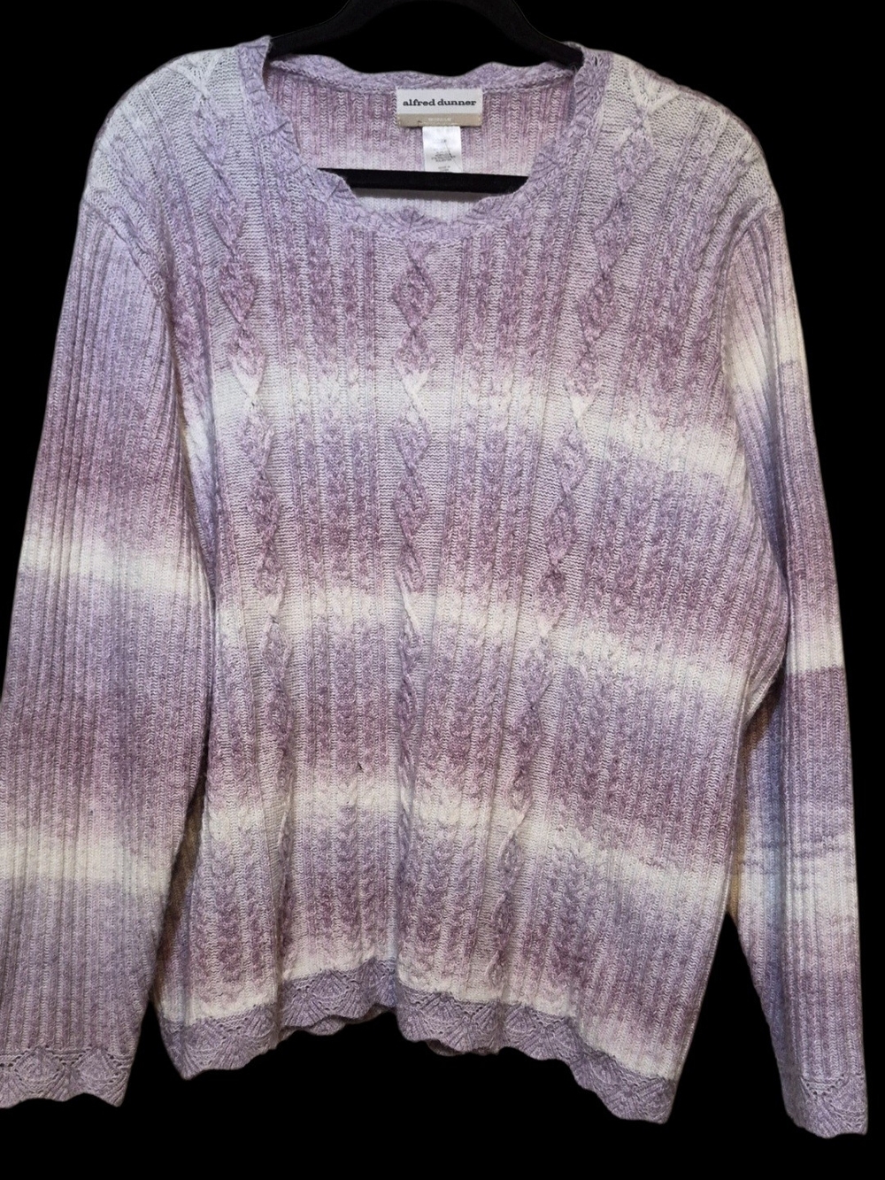 Alfred Dunner Lavender and White Cable-Knit Crewneck Sweater